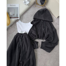 Флісовий костюм жіночий (оверсайз трійка з топом та худі), затишний комплект для прогулянок графіт 42-46 арт. 345678 Флісовий костюм жіночий (оверсайз трійка з топом та худі), затишний комплект для прогулянок графіт 42-46 арт. 345678